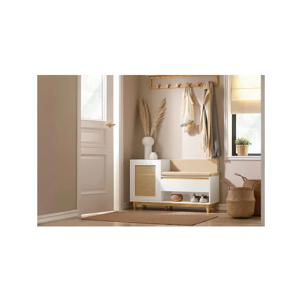 Banc à chaussures blanc et cannage avec coussin Rangement chaussures avec grand tiroir