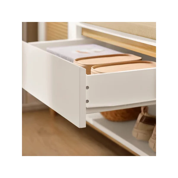 Banc à chaussures blanc et cannage avec coussin Rangement chaussures avec grand tiroir