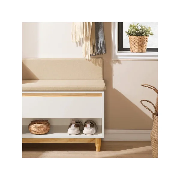 Banc à chaussures blanc et cannage avec coussin Rangement chaussures avec grand tiroir
