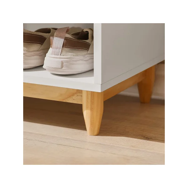 Banc à chaussures blanc et cannage avec coussin Rangement chaussures avec grand tiroir