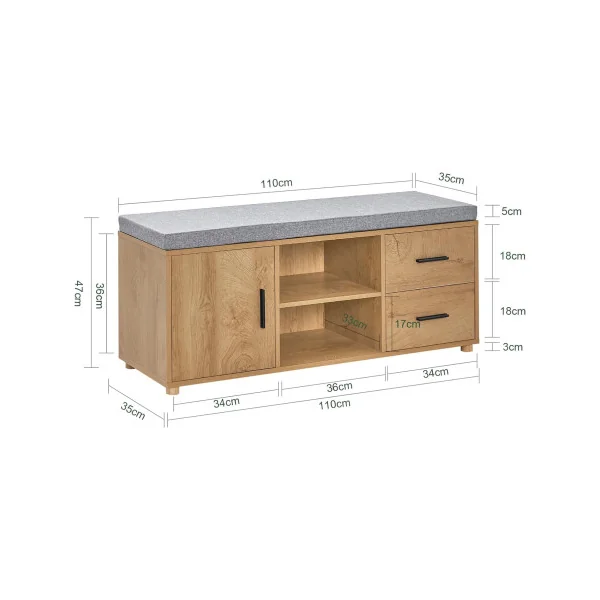 Banc à chaussures Tendance chêne Meuble chaussures avec 2 tiroirs 1 Placard