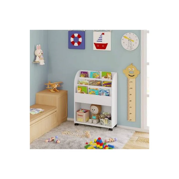 Bibliothèque blanche pour enfant 4 compartiments avec roulettes rangement chambre enfant