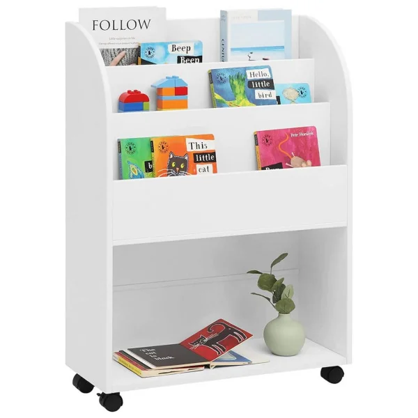 Bibliothèque blanche pour enfant 4 compartiments avec roulettes rangement chambre enfant