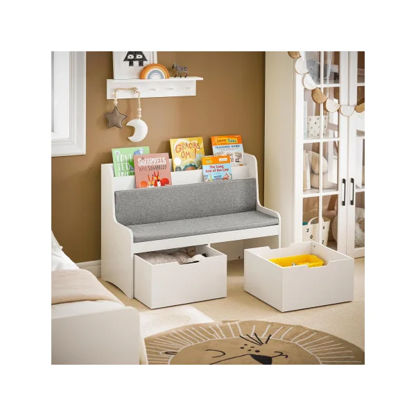 Bibliothèque Enfant Blanche avec Coussin d'Assise et Tiroir de Rangement