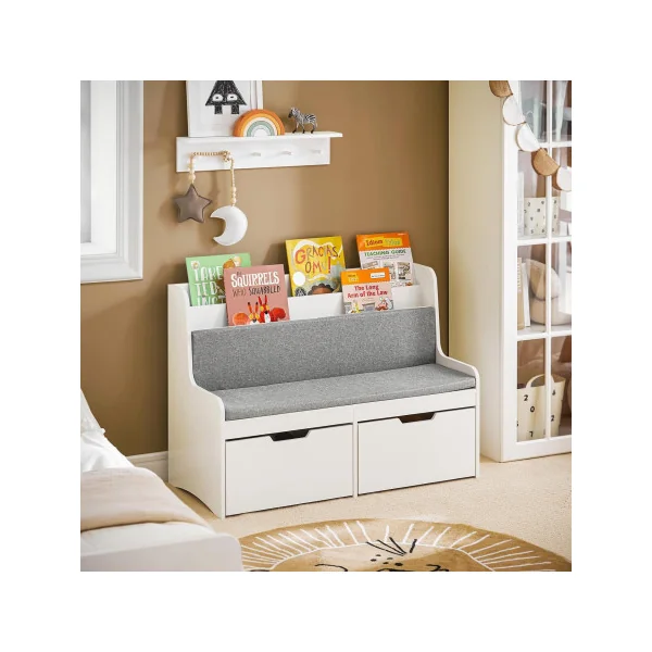Bibliothèque Enfant Blanche avec Coussin d'Assise et Tiroir de Rangement