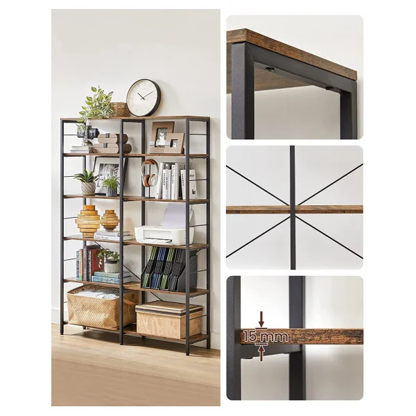 Bibliothèque industrielle 6 niveaux 172 cm Meuble rangement Etagère industrielle 6 niveaux métal et marron