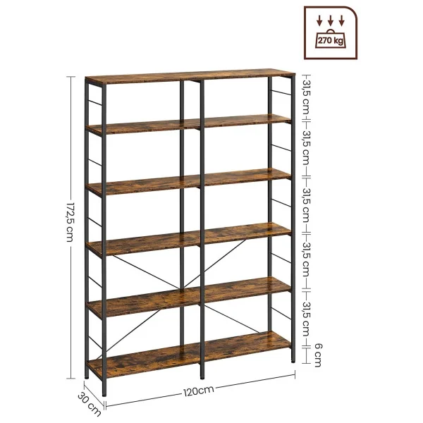 Bibliothèque industrielle 6 niveaux 172 cm Meuble rangement Etagère industrielle 6 niveaux métal et marron