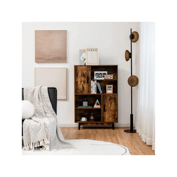 Bibliothèque industrielle multi-rangements marron rustique meuble de rangement salon ou bureau