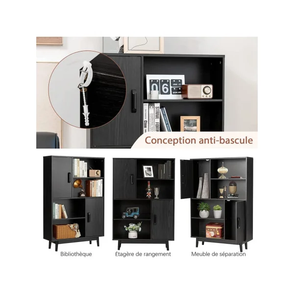 Bibliothèque noir moderne multi-rangements noir meuble de rangement salon ou bureau