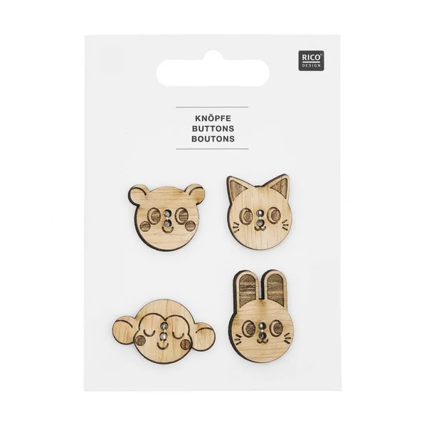 Boutons en Bois Tête d'Animaux X4 de Rico Design : Une Touche de Charme Naturel pour vos Créations Bébé