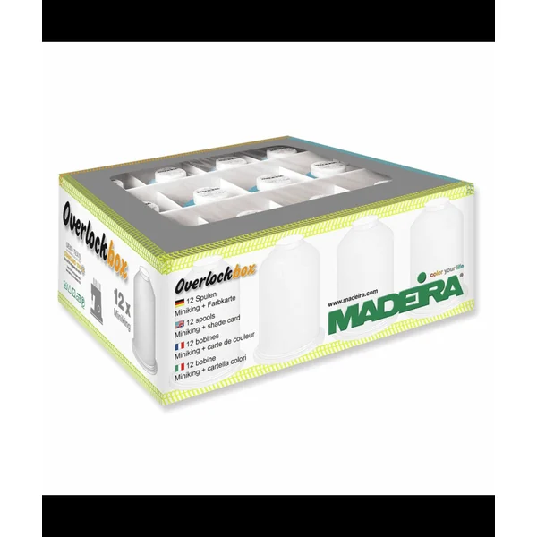 Boîte de fils Madeira - 9 bobines d'Aerolock 125 et 3 bobines d'Aeroflock 100 - Bleu, bleu clair et vert - Certifié Oeko-Tex