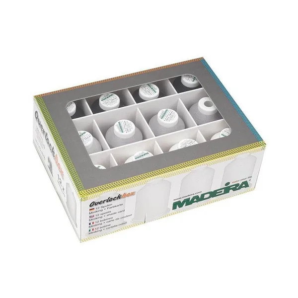 Boîte de fils Madeira - 9 bobines d'Aerolock 125 et 3 bobines d'Aeroflock 100 - noir, blanc et gris - Certifié Oeko-Tex