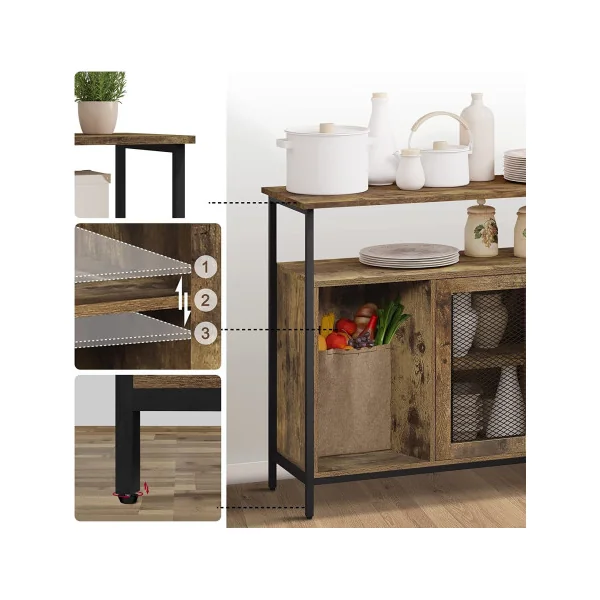 Buffet avec plan de travail Meuble rangement industriel marron rustique Meuble cuisine 3 compartiments 2 portes