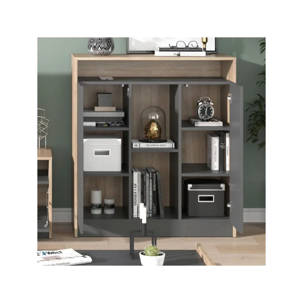 Buffet salon 90 cm Buffet salle à manger Meuble rangement Anthracite et chêne