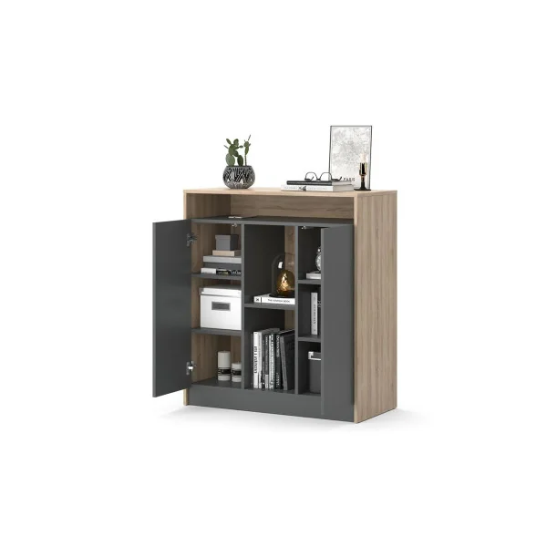Buffet salon 90 cm Buffet salle à manger Meuble rangement Anthracite et chêne