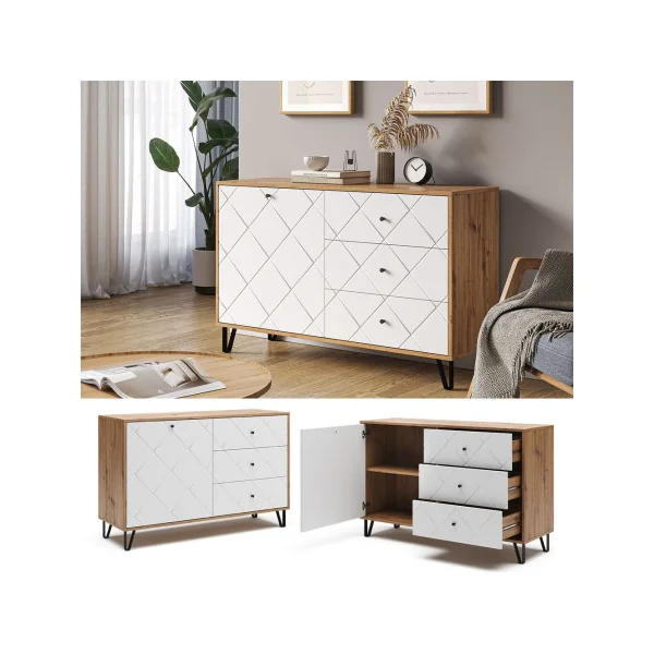 Buffet salon moderne 130 cm Buffet blanc et chêne artisan Buffet chambre Meuble rangement tendance