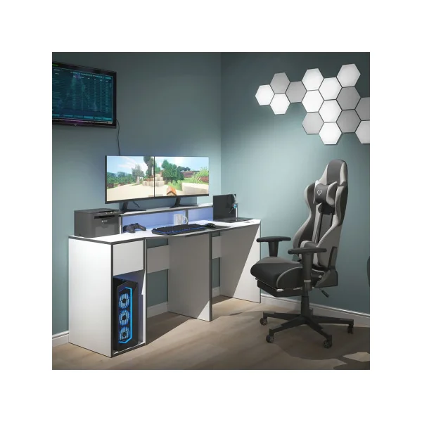 Bureau gaming blanc et gris design Bureau de jeu Bureau gamer Bureau informatique