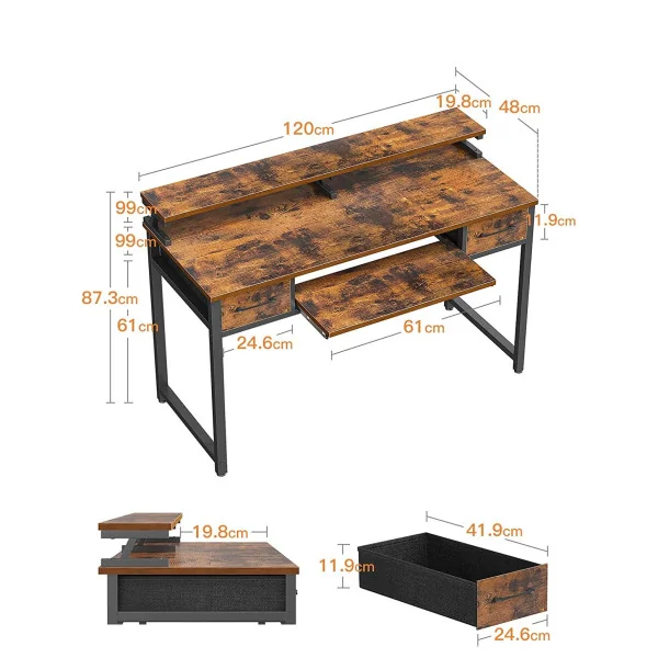 Bureau industriel 120 cm chêne vintage bureau brun rustique bureau informatique