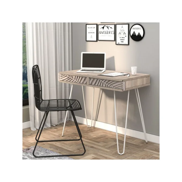 Bureau industriel chêne et blanc pieds épingles Bureau design métal et bois