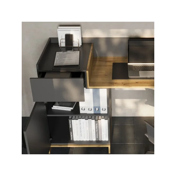 Bureau Moderne Chêne et Anthracite Bureau avec Grand placard et Tiroir Bureau design