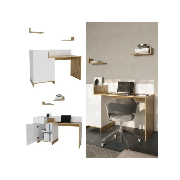 Bureau Moderne Chêne et Blanc Bureau avec Grand placard et Tiroir Bureau design