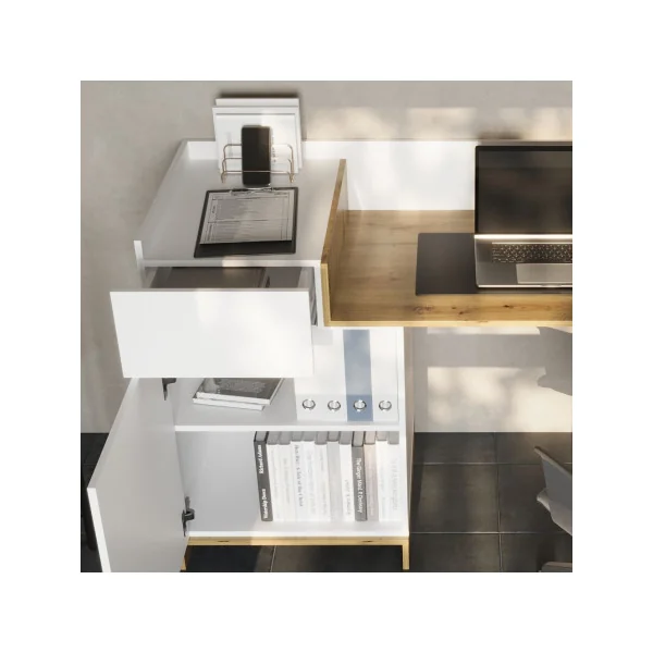 Bureau Moderne Chêne et Blanc Bureau avec Grand placard et Tiroir Bureau design