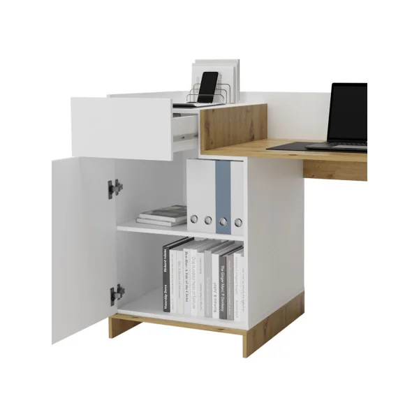 Bureau Moderne Chêne et Blanc Bureau avec Grand placard et Tiroir Bureau design