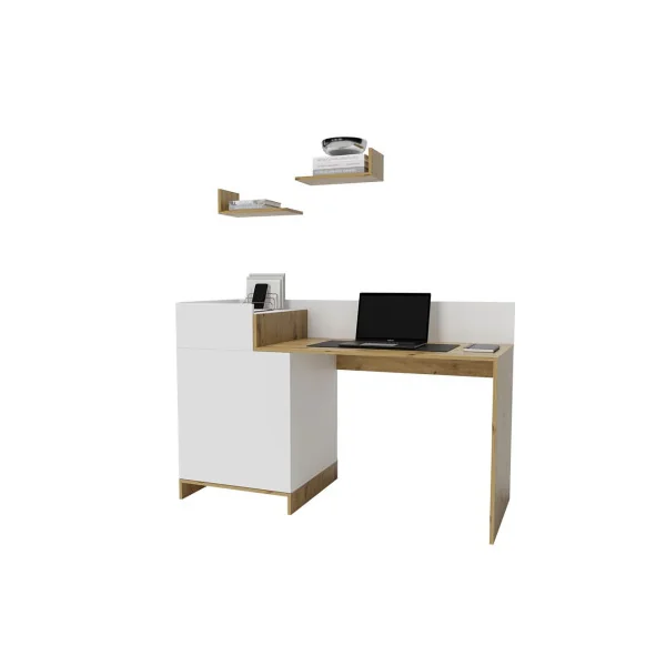Bureau Moderne Chêne et Blanc Bureau avec Grand placard et Tiroir Bureau design