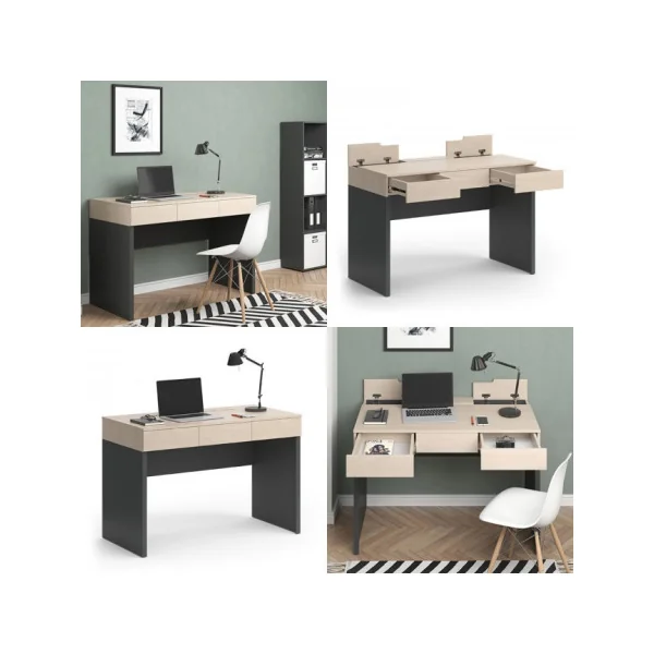 Bureau érable et anthracite avec compartiments cachés Bureau informatique avec rangement