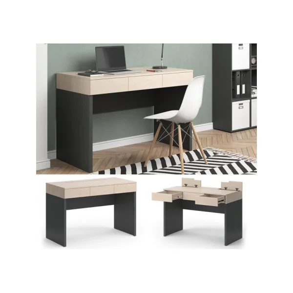 Bureau érable et anthracite avec compartiments cachés Bureau informatique avec rangement