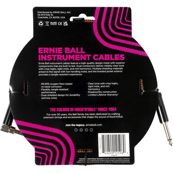 Cable instrument gaine tissée jack/jack coudé 3m orange et noir