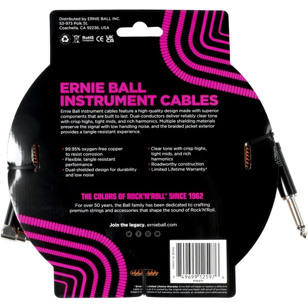 Cable instrument gaine tissée jack/jack coudé 5,5m orange et noir