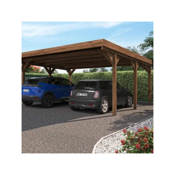 Carport voiture Double 29,53m² Pin Sylvestre Marron autoclave Toiture PVC Abri voiture double bois massif