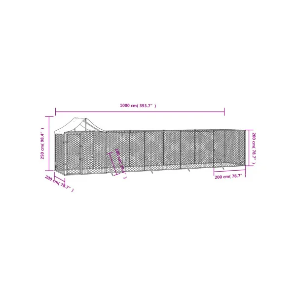 Chenil grillagé avec Toit 10x2x2,50m 20m² Enclos extérieur galvanisé pour chien