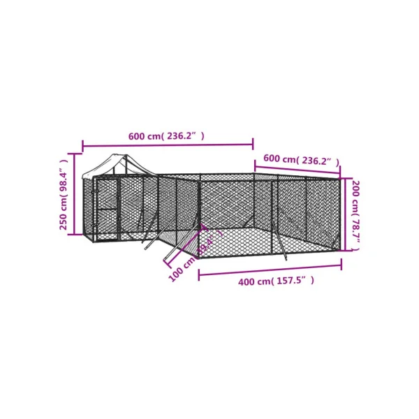 Chenil grillagé avec Toit 6x6x2,50m Enclos extérieur galvanisé