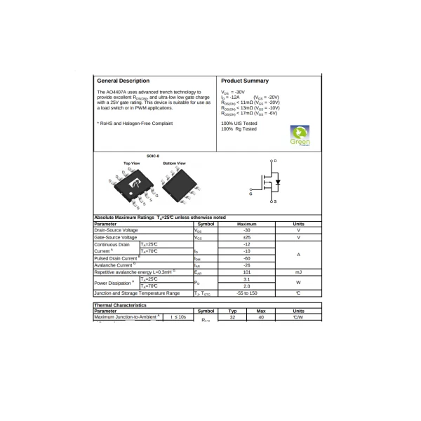 Circuit AO4407A 30V P-Channel MOSFET SOIC-8