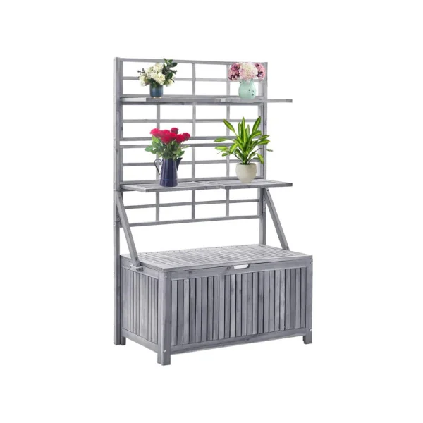 Coffre de jardin en acacia gris avec treillis coffre de rangement en bois coffre de stockage bois coffre extérieur en bois coffr