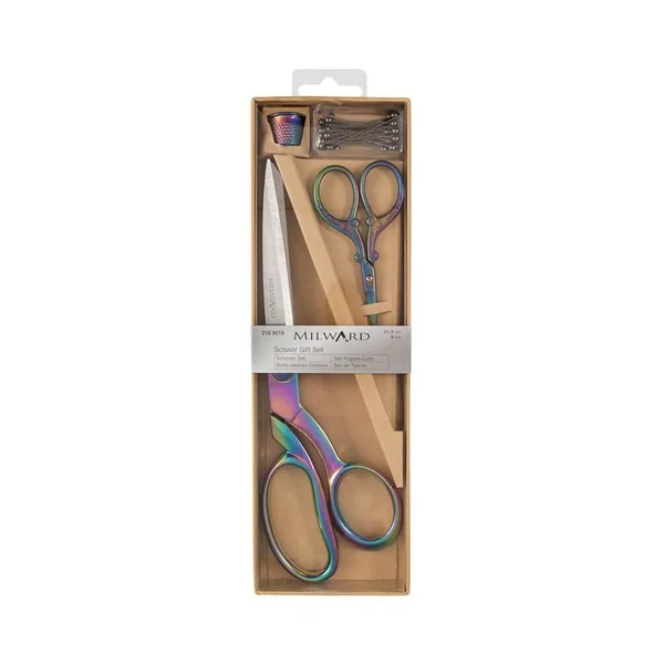 Coffret ciseaux : couture 21.5cm + broderie 9.5cm + dé à coudre + épingles - Milward