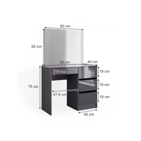 Coiffeuse 4 Tiroirs Anthracite Brillant Coiffeuse avec rangement Coiffeuse maquillage Coiffeuse femme