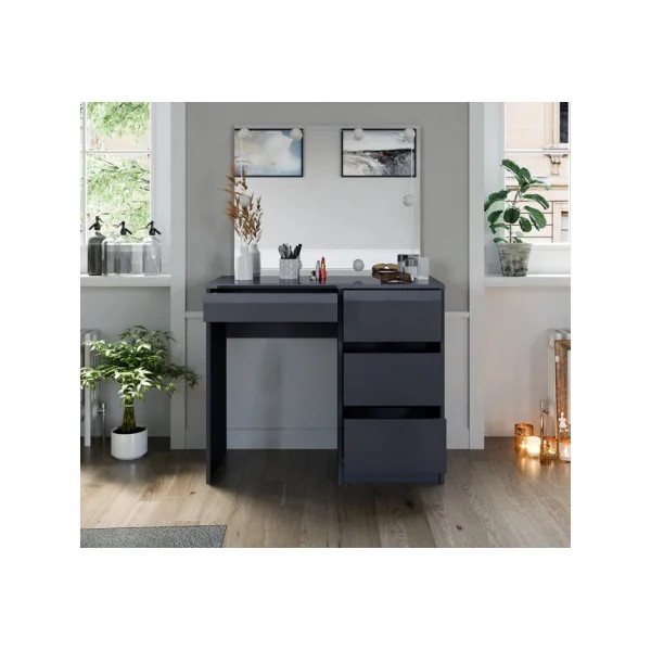 Coiffeuse 4 Tiroirs Anthracite Brillant + LED Coiffeuse avec rangement Coiffeuse maquillage Coiffeuse femme