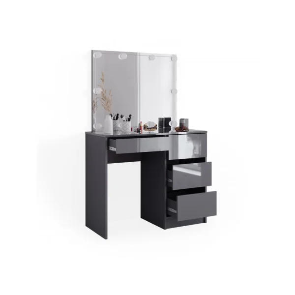 Coiffeuse 4 Tiroirs Anthracite Brillant + LED Coiffeuse avec rangement Coiffeuse maquillage Coiffeuse femme