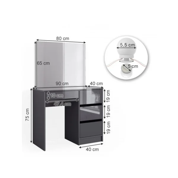 Coiffeuse 4 Tiroirs Anthracite Brillant + LED Coiffeuse avec rangement Coiffeuse maquillage Coiffeuse femme
