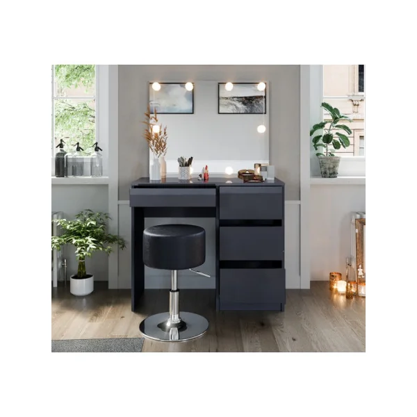 Coiffeuse 4 Tiroirs Anthracite Brillant + LED + TABOURET Coiffeuse avec rangement Coiffeuse maquillage Coiffeuse femme