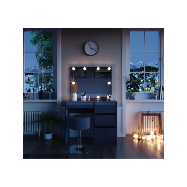Coiffeuse 4 Tiroirs Anthracite Brillant + LED + TABOURET Coiffeuse avec rangement Coiffeuse maquillage Coiffeuse femme