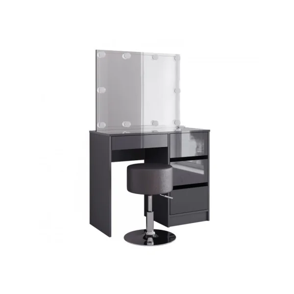 Coiffeuse 4 Tiroirs Anthracite Brillant + LED + TABOURET Coiffeuse avec rangement Coiffeuse maquillage Coiffeuse femme