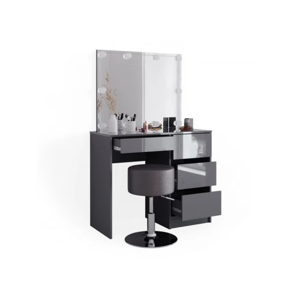Coiffeuse 4 Tiroirs Anthracite Brillant + LED + TABOURET Coiffeuse avec rangement Coiffeuse maquillage Coiffeuse femme
