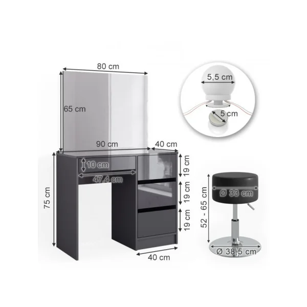Coiffeuse 4 Tiroirs Anthracite Brillant + LED + TABOURET Coiffeuse avec rangement Coiffeuse maquillage Coiffeuse femme