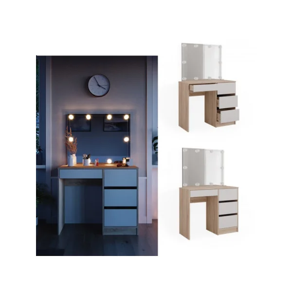 Coiffeuse 4 Tiroirs Blanc et Chêne + LED Coiffeuse avec rangement Coiffeuse maquillage Coiffeuse femme