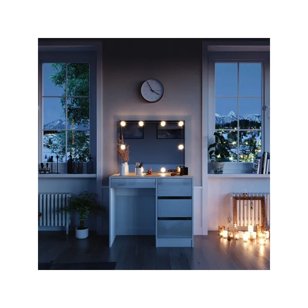 Coiffeuse 4 Tiroirs Blanche Haute Brillance + LED Coiffeuse avec rangement Coiffeuse maquillage Coiffeuse femme
