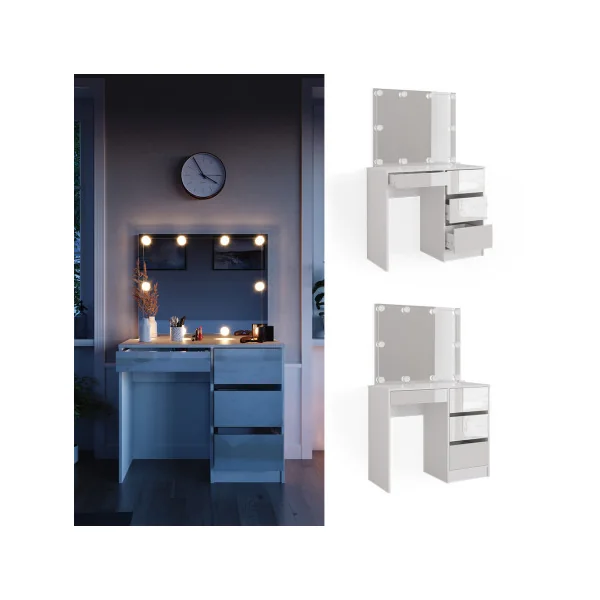 Coiffeuse 4 Tiroirs Blanche Haute Brillance + LED Coiffeuse avec rangement Coiffeuse maquillage Coiffeuse femme